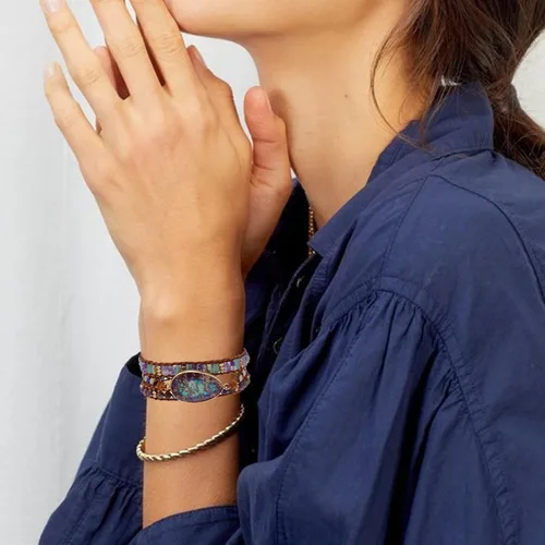 Vista 6 de Plumiss Colección de pulseras de cuentas de cuero de cristal natural hechas a mano para mujer