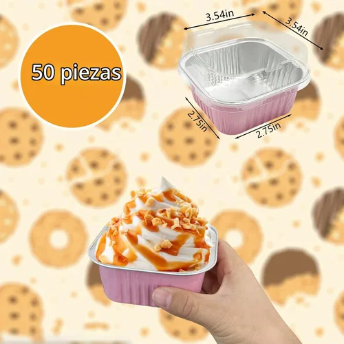 Vista 2 de 50 tazas cuadradas de papel de aluminio para hornear con tapas, moldes desechables de 5 onzas para tartas, recipientes para hornear cupcakes