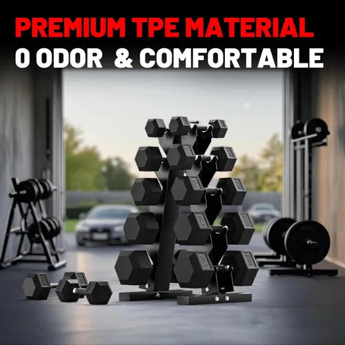Vista 5 de Hex Dumbbell Set 2.5-100lb, Rubber Grip Dumbbells, Home Gym Complete & Durable Cast Iron Core Odorless Antiroll Hex Shape Ergonomic Versatile Home
