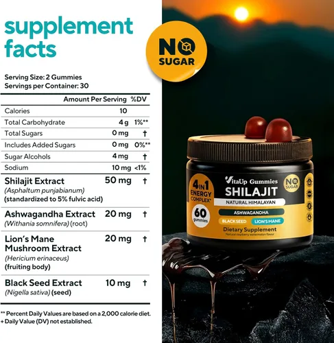 Vista 7 de VitaUp Gomitas Shilajit del Himalaya para hombres y mujeres – Gomitas Shilajit sin azúcar con ácido fúlvico – Energía pura, inmune y apoyo al