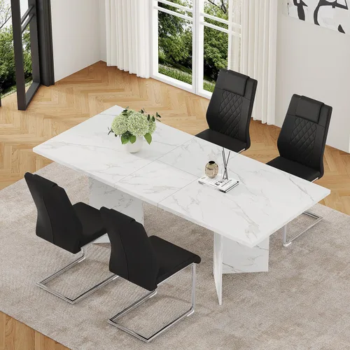 Vista 4 de Juego de mesa de comedor extensible de 63 a 79 pulgadas para 4, juego de mesa de cocina de mármol sintético blanco para 4, juego de mesa de comedor