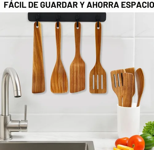 Vista 5 de Espátula de madera de acacia para cocinar cuchara no tóxica juego de 4 piezas