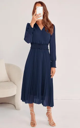 Vista 5 de PRETTYGARDEN Vestidos cruzados con cuello en V para mujer, para invitados de boda, casual, plisado, manga larga, vestido largo fruncido con volantes