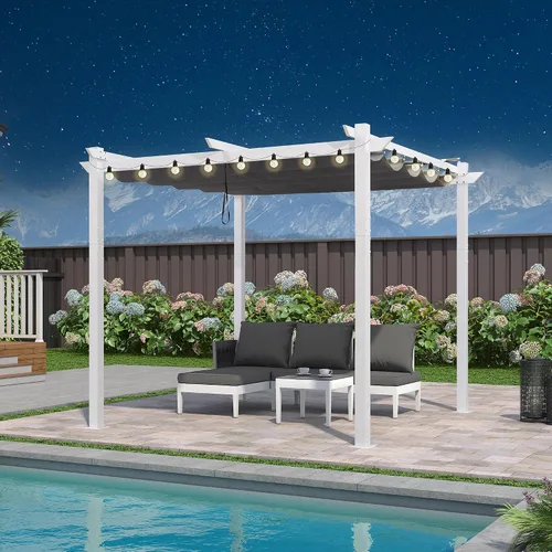 Vista 10 de PURPLE LEAF Pergola retráctil de 10 x 10 pies, pérgola blanca, toldo extra, azul marino