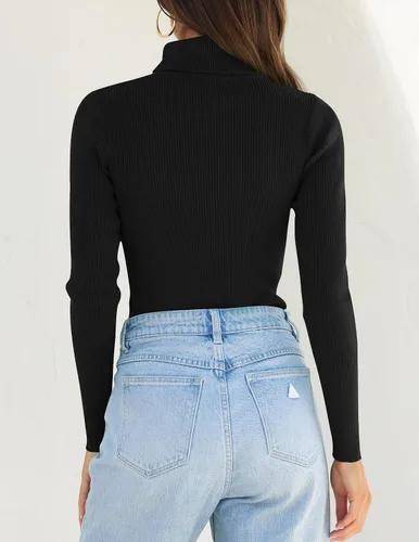 Vista 3 de ZESICA Camisas de manga larga con cuello alto para mujer, camisetas básicas de primavera, suéter de punto acanalado ajustado