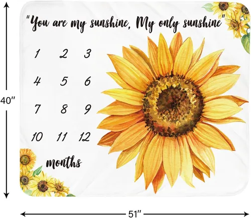 Vista 2 de Tebaby Manta mensual de hito para bebé niña, manta de girasol para recién nacido, regalo personalizado para ducha, decoración floral de guardería
