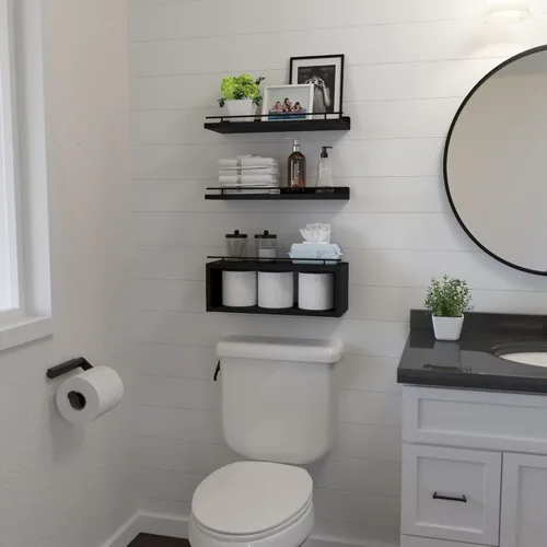 Vista 4 de WOPITUES Estantes flotantes para pared con estante de cubo, estantes de pared con riel de metal para decoración de baño, organizadores