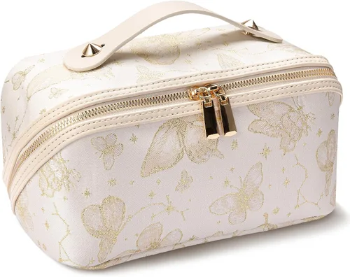Vista 11 de Abiudeng Bolsa de maquillaje de viaje de gran capacidad para artículos esenciales de viaje, organizador de maquillaje plano abierto con divisor
