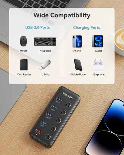 Vista 7 de Wenter Hub USB 3.0 con 5 puertos USB 3.0 (4 puertos de transferencia de datos + 1 puerto de carga inteligente) con interruptores LED individuales