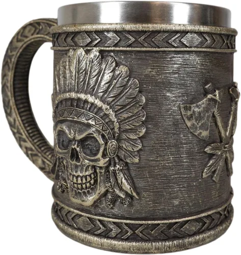 Vista 6 de Ebros Gift Nativo americano indio tribal jefe guerrero cráneo con águila cucaracha tocado y doble hacha cruzada taza de café taza de bebida jarra