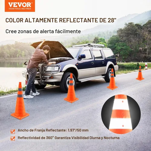 Vista 2 de VEVOR Conos de seguridad, paquete de 4 conos de tráfico plegables de 28 pulgadas, conos de construcción con collares reflectantes, base ancha y una