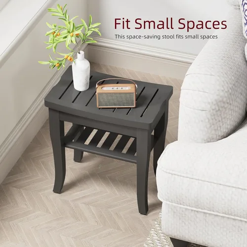 Vista 6 de Banco de ducha de bambú, taburete de ducha pequeño de spa para ducha interior, impermeable, asiento de baño con estante de almacenamiento para Negro