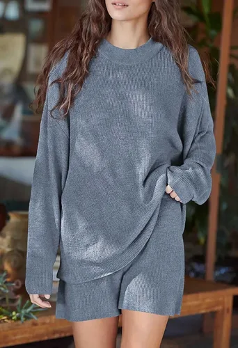 Vista 2 de Viottiset Conjunto de ropa de descanso de 2 piezas para mujer con pantalones cortos, suéter, conjunto de pijama, conjunto de 2 piezas para mujer