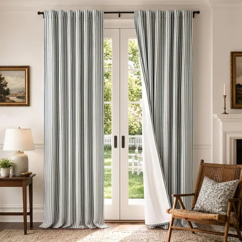 Vista 2 de jinchan Linen Blackout Curtains Back Tab 96 Inch 2 Panels Striped Blue Blue Stripe Lined