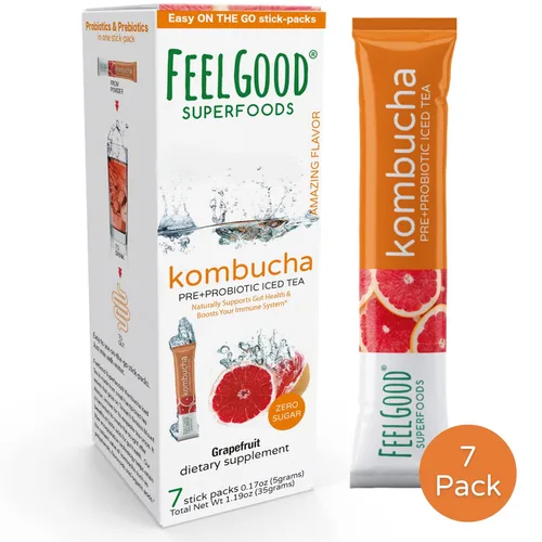 Vista 2 de FeelGood Superfoods Kombucha - Paquetes de té helado, delicioso sabor a pomelo, refrescante bebida instantánea en polvo de kombucha gaseosa