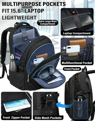 Vista 2 de ProEtrade Mochila para universidad, viajes, negocios, senderismo, apta para laptop de hasta 15.6 pulgadas, Negro, 15,6 pulg., Mochilas Daypack