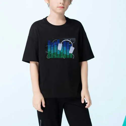 Vista 4 de Camisa LED intermitente para niños, camiseta negra activada por sonido, para cumpleaños, Halloween, Navidad