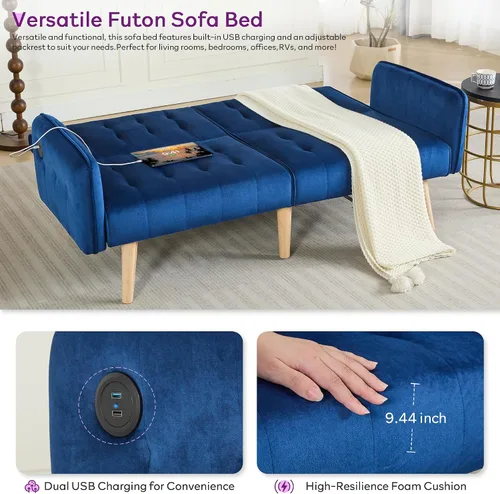 Vista 6 de TYBOATLE Sofá Cama Futón Plegable Convertible Moderno de Terciopelo de 65" de Ancho con 2 Puertos de Carga USB para Espacio de Vida Compacto, Sofás