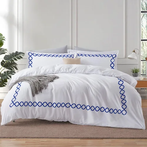Vista 17 de BedDecor: Enchanted Oasis - Juego de funda de edredón de 3 piezas de 600 hilos de algodón egipcio con bordado de cuadrifolio, ultra suave