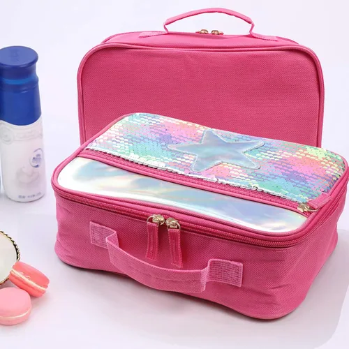 Vista 6 de Bolsa de almuerzo con lentejuelas con aislamiento de mano, bolsa de transporte espaciosa reutilizable, bolsa de transporte, kit de comida de viaje