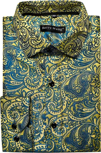 Vista 6 de Camisas de moda para hombre, camisa de vestir de manga larga con flores de cachemira de seda tejida para negocios, fiesta, diseño casual