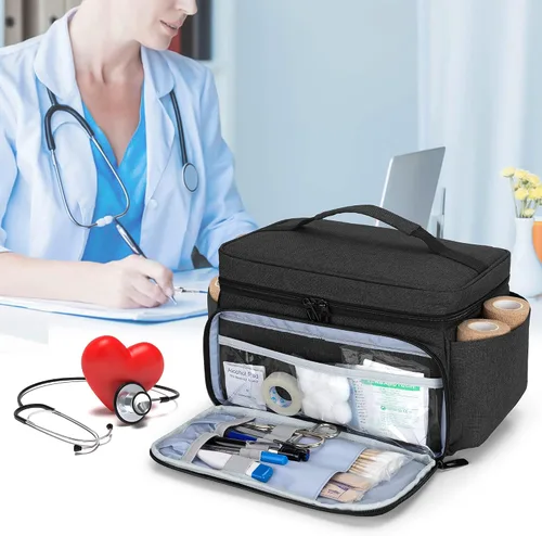 Vista 8 de CURMIO Pequeña bolsa de almacenamiento de medicamentos vacía, caja de primeros auxilios familiar, organizador de botellas de píldoras para Negro