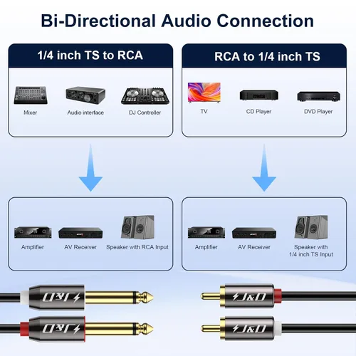 Vista 3 de J&D Cable de 1/4 a RCA, Carcasa de Cobre Chapado en Oro de Servicio Pesado 2X6.35mm TS a RCA Dual Cable de Interconexión de Audio Estéreo