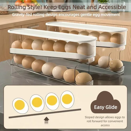 Vista 3 de Dispensador automático de huevos para refrigerador, organizador de huevos para refrigerador que ahorra espacio y almacenamiento con tapa, bandeja