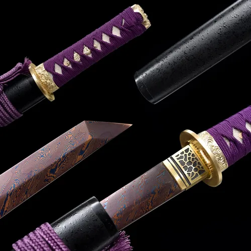 Vista 6 de Espada samurái de acero al carbono, espada pequeña japonesa Tanto espada pequeña Katana de espiga completa (morado)