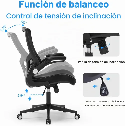 Vista 6 de Silla de oficina ergonómica de escritorio de 350 libras, cómoda silla de computadora de malla con soporte lumbar ajustable, reposabrazos abatibles