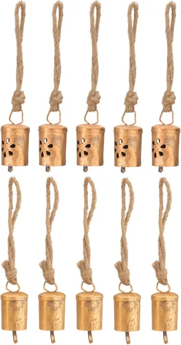 Vista 14 de Juego de 10 cascabeles y campanas de vaca doradas rústicas para manualidades, juego de cencerros pequeños vintage de 3.15 pulgadas con cuerda de Oro