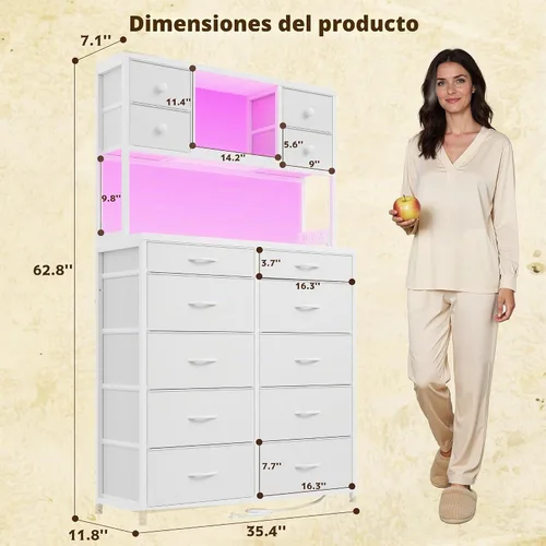 Vista 3 de Cómoda de tela blanca de 62 pulgadas de alto para dormitorio con cajones grandes, cómodas con luces LED y estación de carga, cómoda resistente