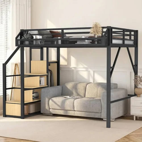 Vista 18 de Cama tipo loft de tamaño matrimonial con escaleras de almacenamiento integradas, armario, marco de cama alta de metal con barandilla lateral