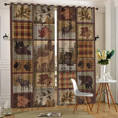 Vista 5 de Cortinas de oscurecimiento estilo campestre con osos, alces y ciervos, cortinas opacas para ventanas con ojales, tratamiento de ventanas eficiente