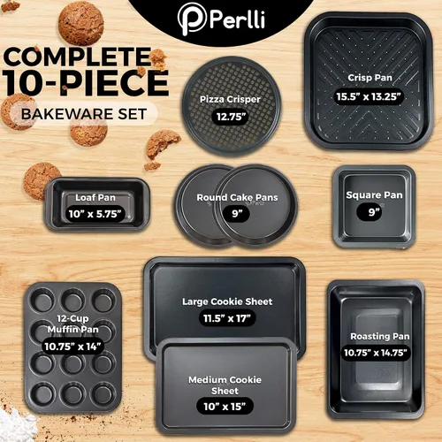 Vista 2 de Perlli Juego de 10 moldes para hornear antiadherentes de acero al carbono, gris para horno, 2 hojas de galletas, 2 moldes redondos para pasteles