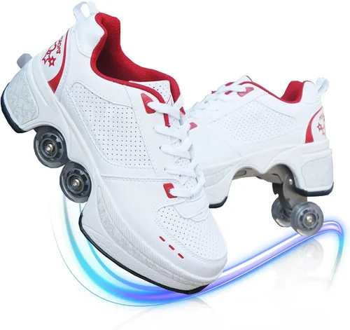 Vista 18 de Zapatos de patinaje convertibles para hombres y mujeres, zapatos de paseo automáticos para niños y adultos, patines con doble fila de ruedas, ruedas