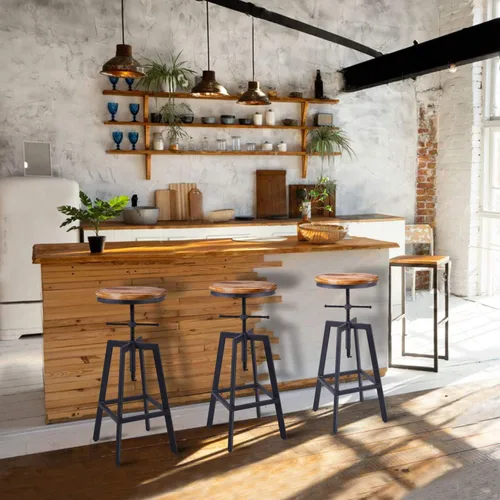 Vista 7 de Taburetes de bar industriales, silla de comedor de cocina, taburete de metal de madera, silla giratoria de altura ajustable, negro, juego de 2