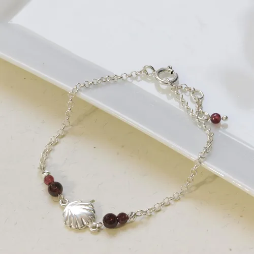 Vista 3 de Pulseras de plata de ley 925 para mujer, cuentas redondas de 0.118 pulgadas con dije de plata de ley de concha de mar, cadena ajustable de 6.3-7.1