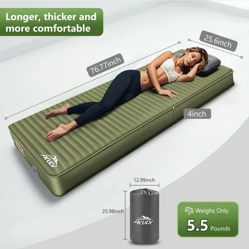Vista 2 de Colchoneta de dormir autoinflable con bomba eléctrica, almohadilla de campamento de espuma viscoelástica ultra gruesa de 4 pulgadas con almohada