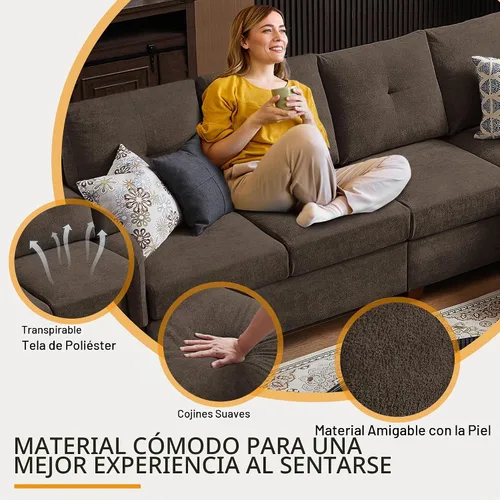 Vista 3 de Sofá Seccional Convertible con Almacenamiento, Sofá en Forma de L de 4 Asientos con Chaise y Portavasos, Sofás Modernos de Tela de Microfibra