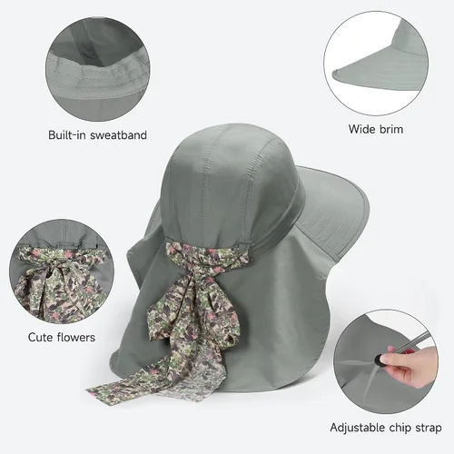 Vista 3 de Solaris UPF 50+ Gorro de ala ancha para mujer - Tamaño pequeño, ligero y plegable, gorro floral refrescante con solapa para el cuello