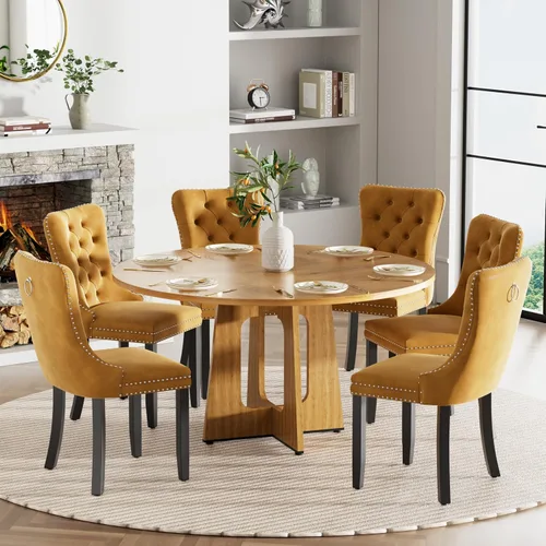 Vista 16 de Mesa de comedor redonda estilo granja para 6, mesa de cocina circular de 47" MDF con acabado de grano de madera, mesa de cocina y comedor de madera