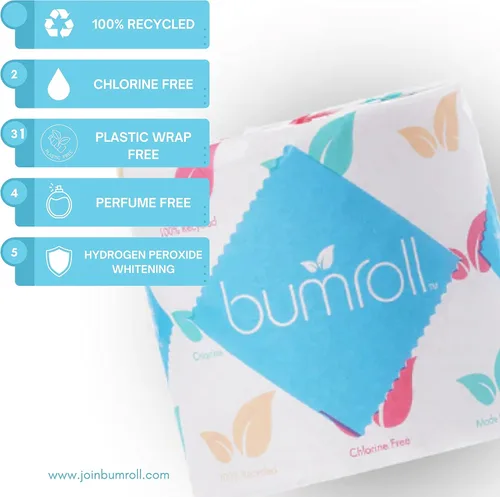 Vista 6 de 24 rollos de papel higiénico Bumroll reciclado y sostenible, suave, absorbente y ecológico, ideal para el hogar, la oficina y los baños, seguro