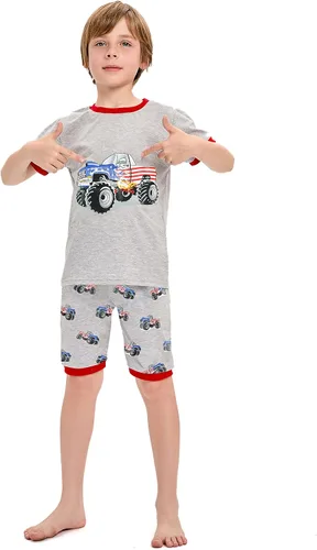 Vista 2 de Little Hand Conjunto de pijama para niño, pijamas cortas para niños pequeños, ropa de dormir de algodón con diseño de camión monstruo, ropa