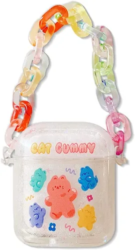 Vista 8 de Funda transparente compatible con AirPods 1 y 2, hermoso diseño de lazo colorido con pulsera de perlas de lujo, ultrafina, funda protectora de RosaA