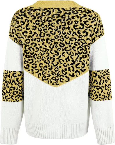 Vista 4 de Suéteres de punto para mujer, de color sólido, con estampado de leopardo, de manga larga, suéter de punto, Amarillo