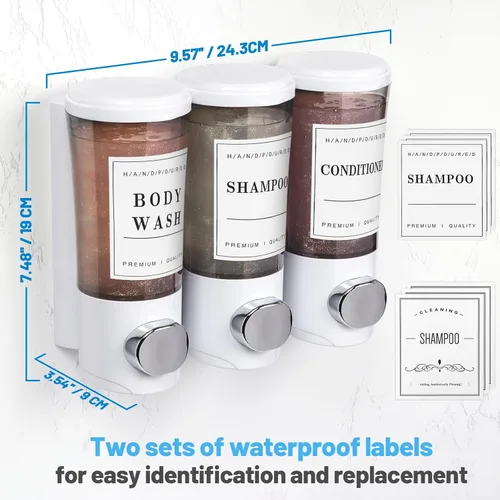 Vista 5 de Dispensador de champú y acondicionador de 15.2 fl oz x 3, dispensador de ducha de 3 cámaras sin taladro, dispensador de jabón de ducha montado