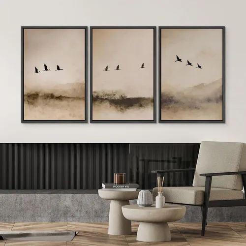 Vista 573 de SIGNWIN Lienzo enmarcado para pared, juego de arte pastel con cadena montañosa, bosque, niebla, naturaleza silvestre, ilustraciones modernas, arte