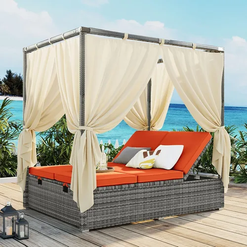 Vista 17 de Sofá cama redondo de ratán al aire libre con toldo retráctil y mesa de centro elevadora, muebles de patio, juego de sofá para piscina Garde