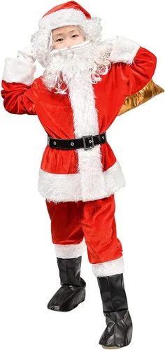 Vista 7 de Disfraz de Papá Noel para niños, 9 piezas, terciopelo de lujo, traje de Navidad para niños y niñas, vestido de fiesta de cosplay de Navidad